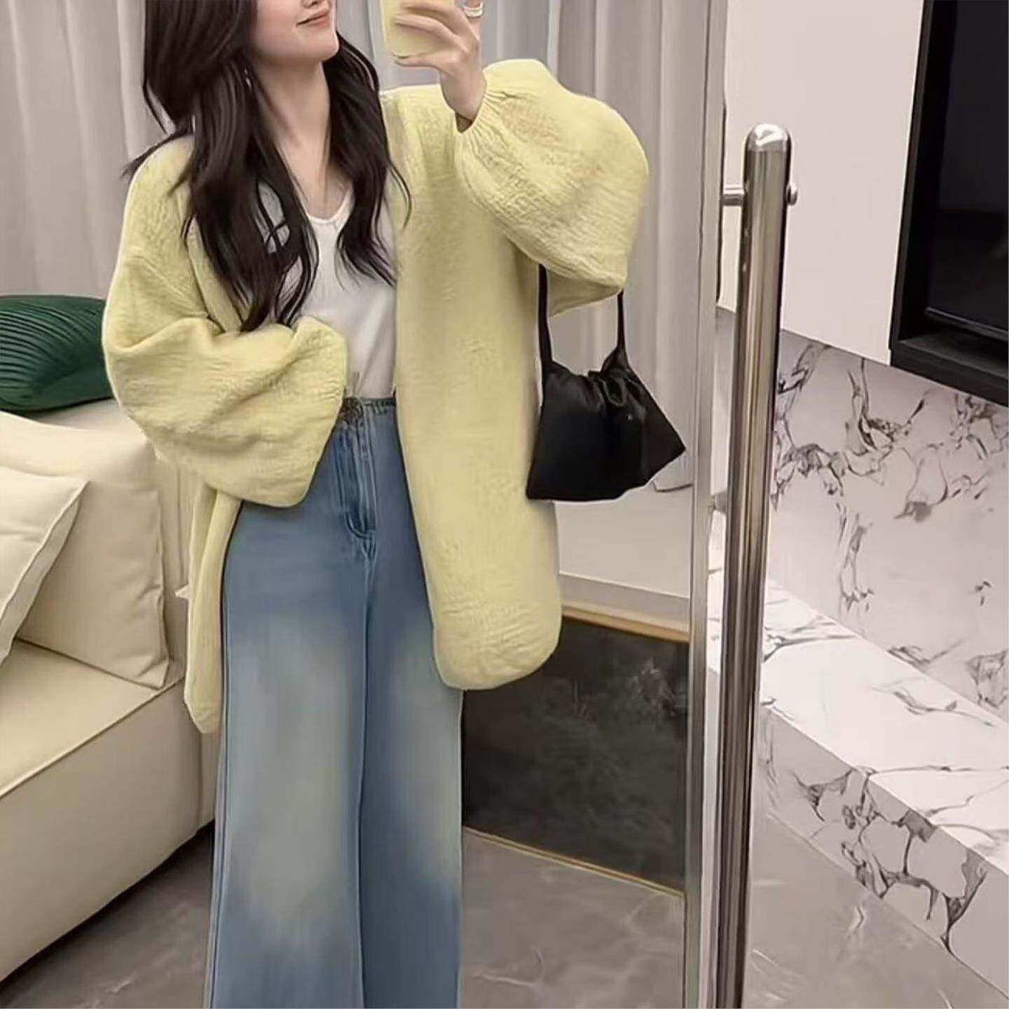 2026新款树皮纹工艺灯笼袖针织开衫女宽松显瘦百搭慵懒风春秋外套