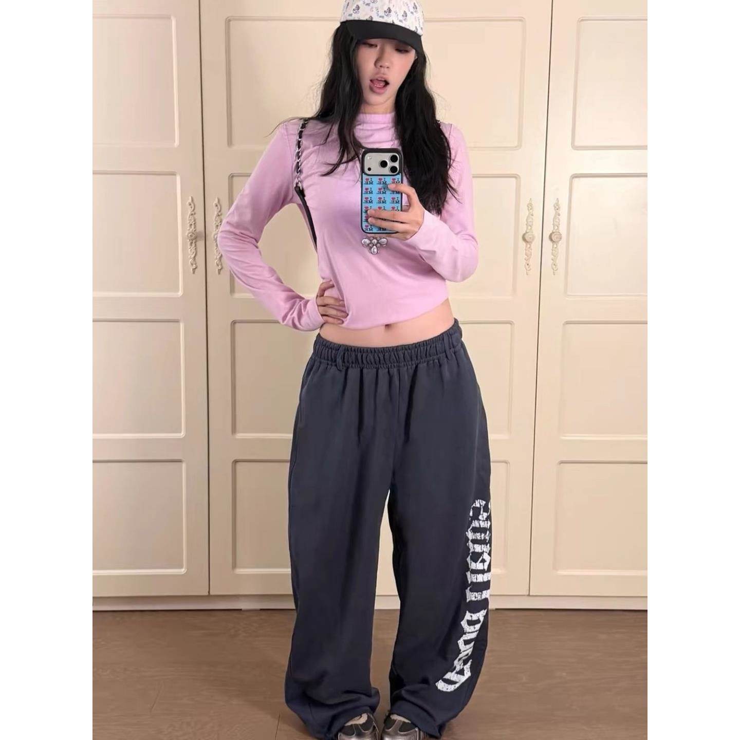慵懒松弛感蓝灰字母印花休闲裤女秋冬宽松垂感跳舞运动阔腿长裤子