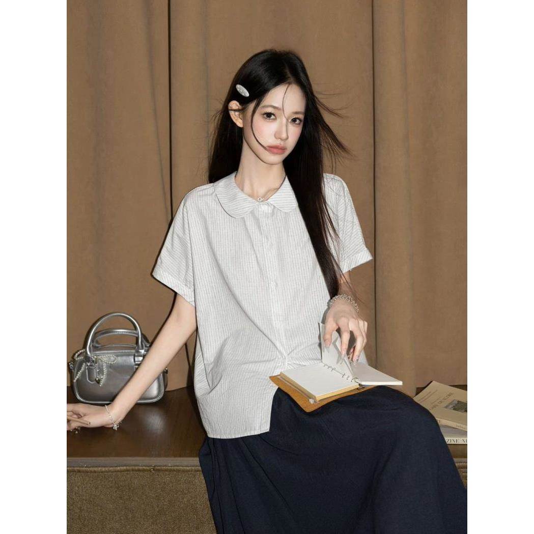 条纹娃娃领短袖衬衫女夏2026夏季新款复古宽松休闲衬衣半袖薄上衣