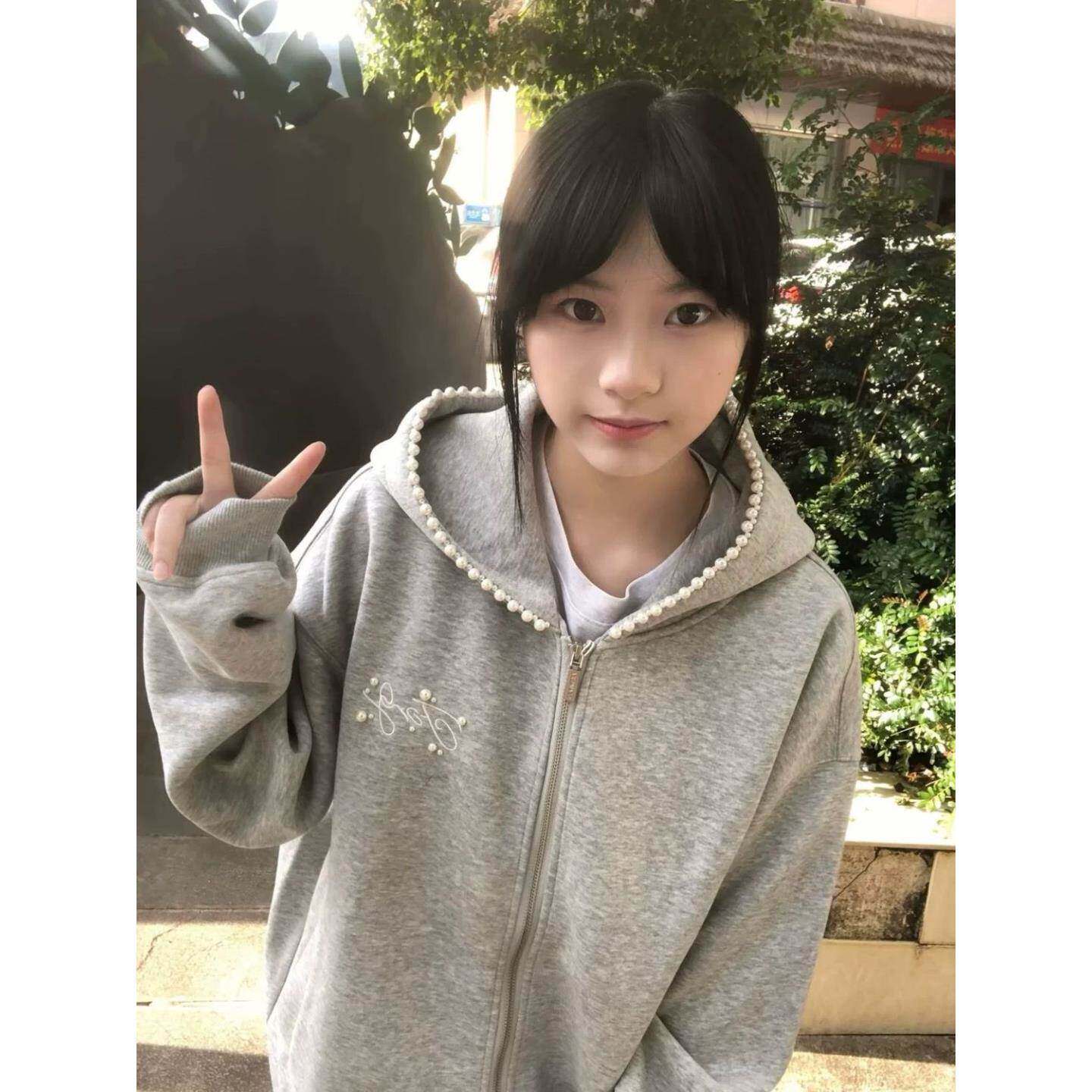 美式复古珍珠钉珠刺绣开衫连帽卫衣女小众初秋上衣情侣秋季外套