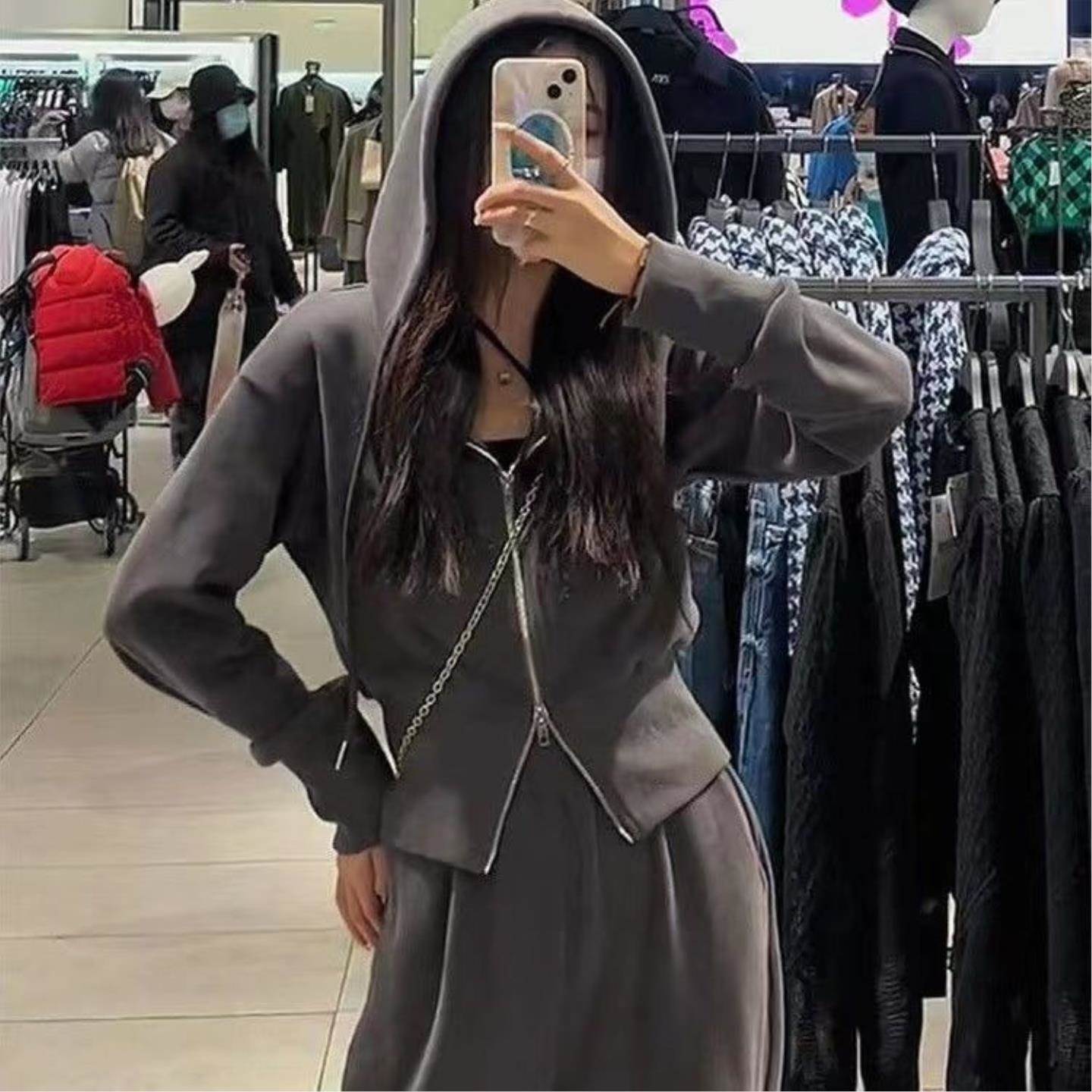 秋冬新款拉链连帽卫衣外套+高腰抽绳束脚休闲裤套装女盐系两件套