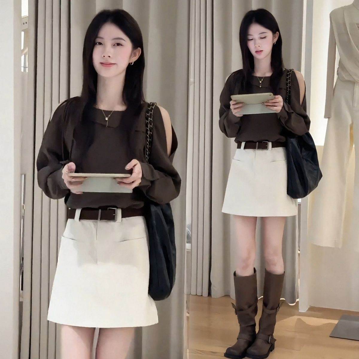 超仙套装裙女2026春秋新款轻熟风露肩显瘦衬衫高腰半身裙两件套女