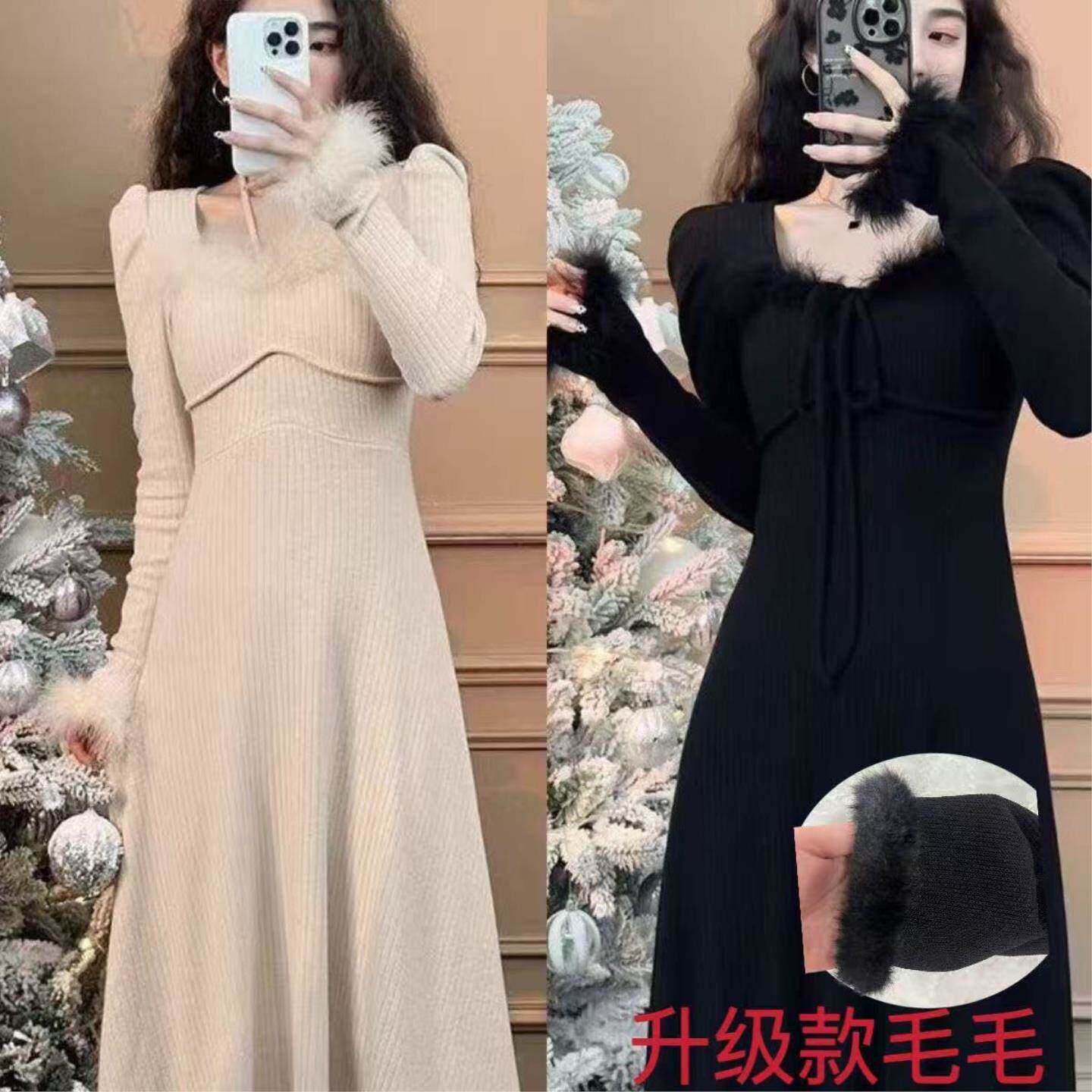 微胖大码女装2026春夏新款气质打底针织方领长裙修身显瘦连衣裙