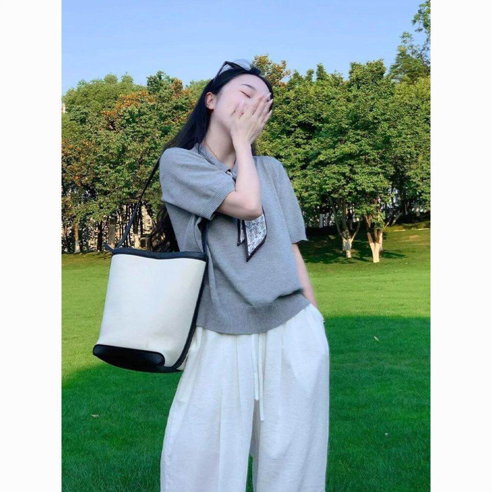 韩系灰色polo领冰丝针织短袖t恤女夏季设计感小众短款半袖上衣薄
