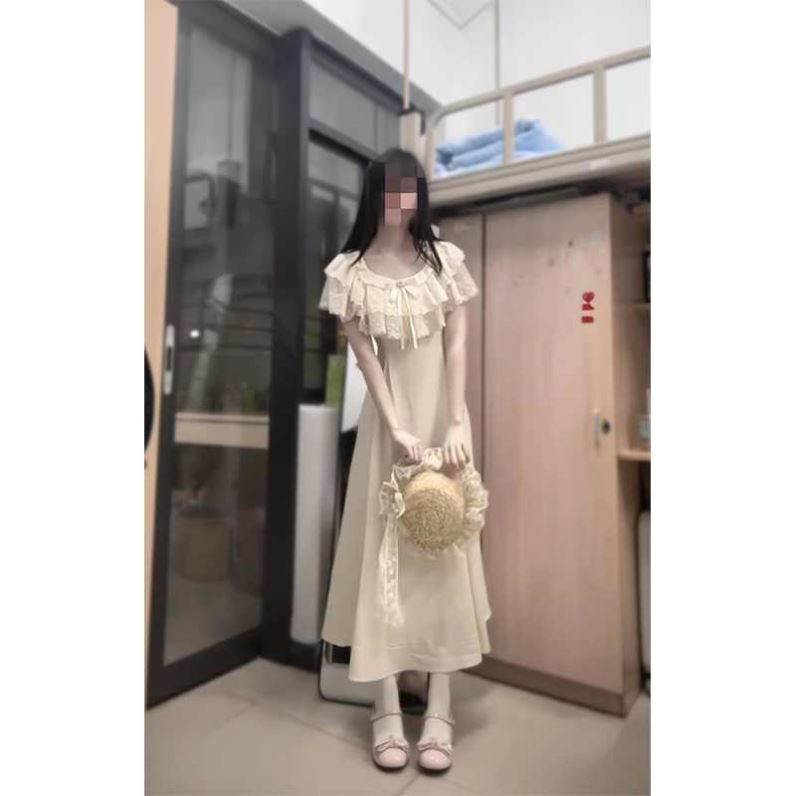 气质日系甜美复古斗篷蕾丝新款夏季蝴蝶结收腰a字裙荷叶边连衣裙