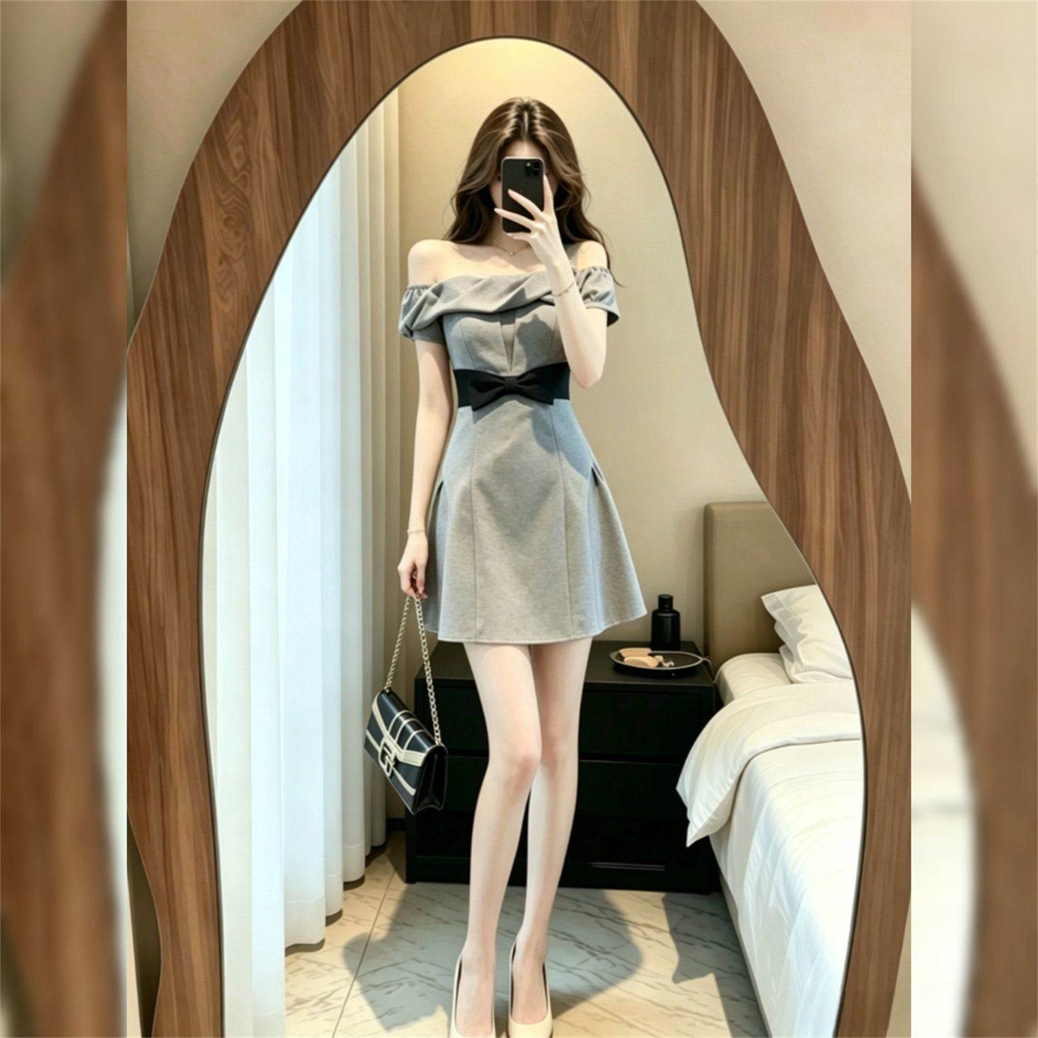 法式赫本风灰色一字肩连衣裙女小众设计高级感蝴蝶结露肩a字短裙