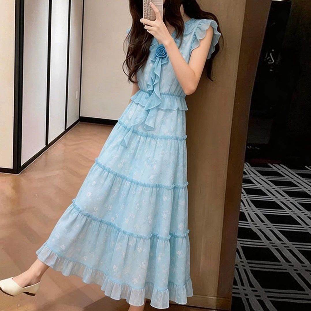 2026新款蓝色碎花雪纺长裙显瘦百搭超仙拍照精致遮肉小众