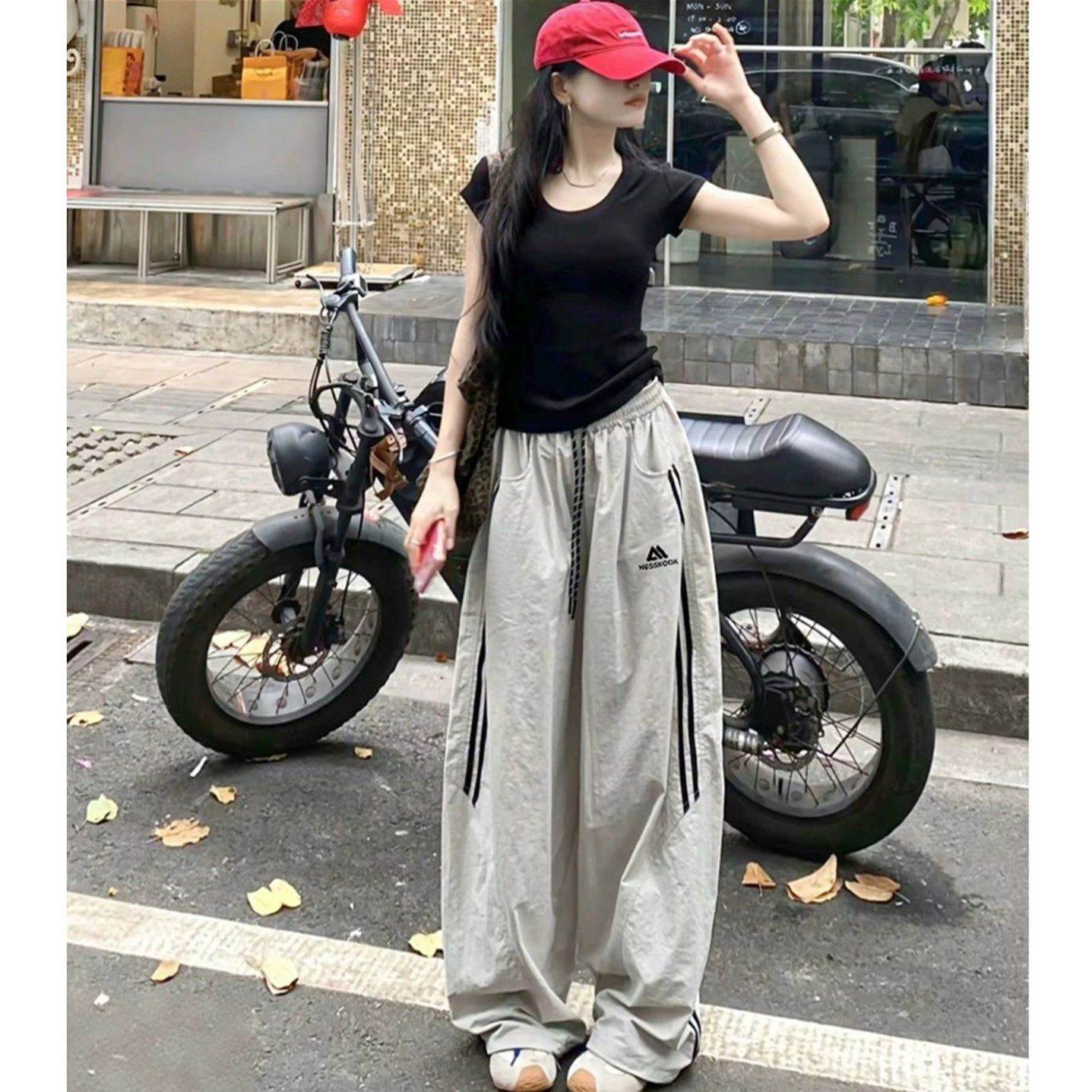 美式刺绣条纹速干双杆裤女夏季2026新款宽松直筒速干休闲运动长裤