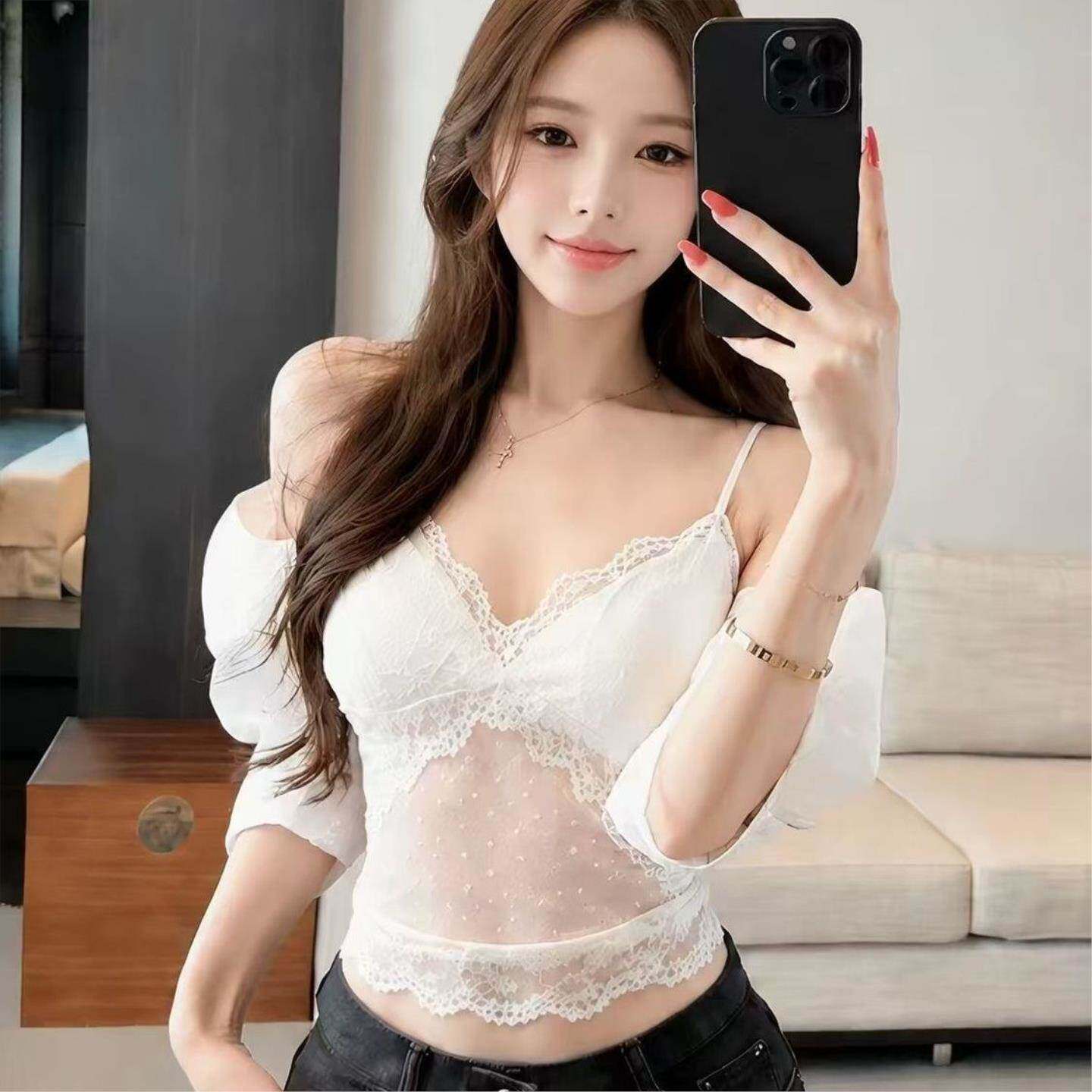 韩系纯欲风白色Polo领蕾丝五分袖衬衫女早秋气质轻奢高级小众女装