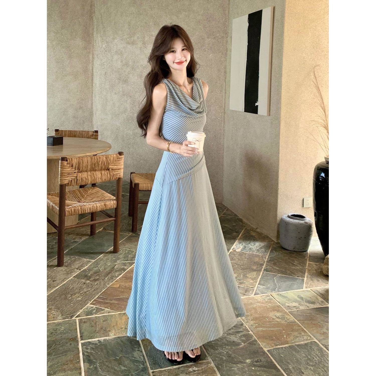 大码女装蓝色条纹法式气质荡领连衣裙夏海边度假绝美掐腰露肩长裙