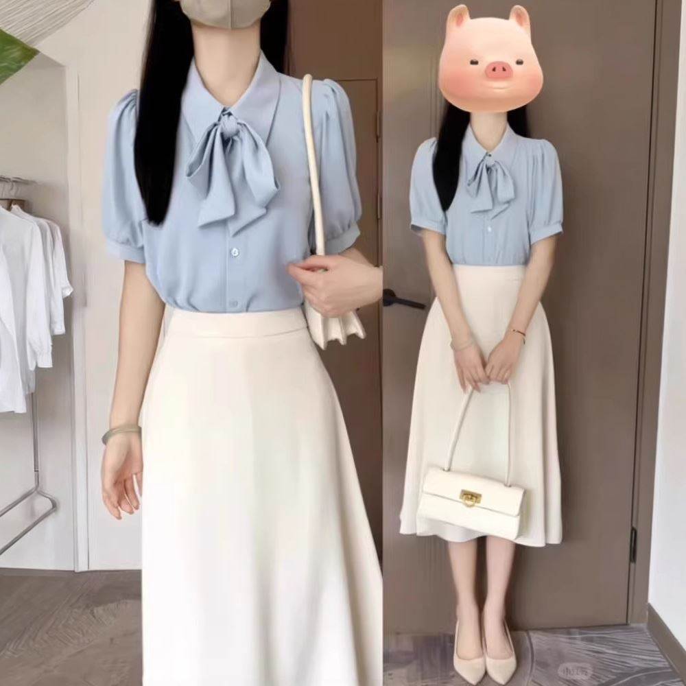 正式场合通勤正装教资面试穿搭蓝色蝴蝶结衬衫女事业编面试套装裙