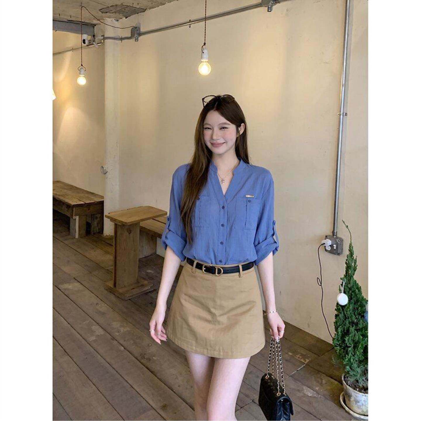老钱风衬衫长袖薄款显瘦开衫上衣女夏季A字修身百搭短裙高腰裙裤