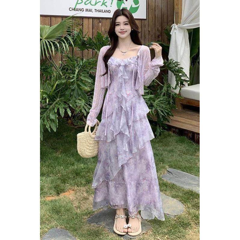 小众设计感纯欲森系紫色套装女夏季防晒开衫荷叶边碎花吊带连衣裙
