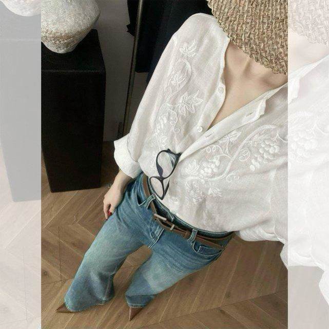 法式重工白色刺绣长袖衬衫外套女早春重要场合的独特漂亮小衫上衣
