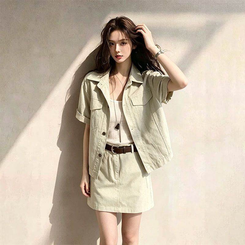 韩版工装牛仔外套短裙两件套女夏季新款时尚套装短袖衬衫小个子