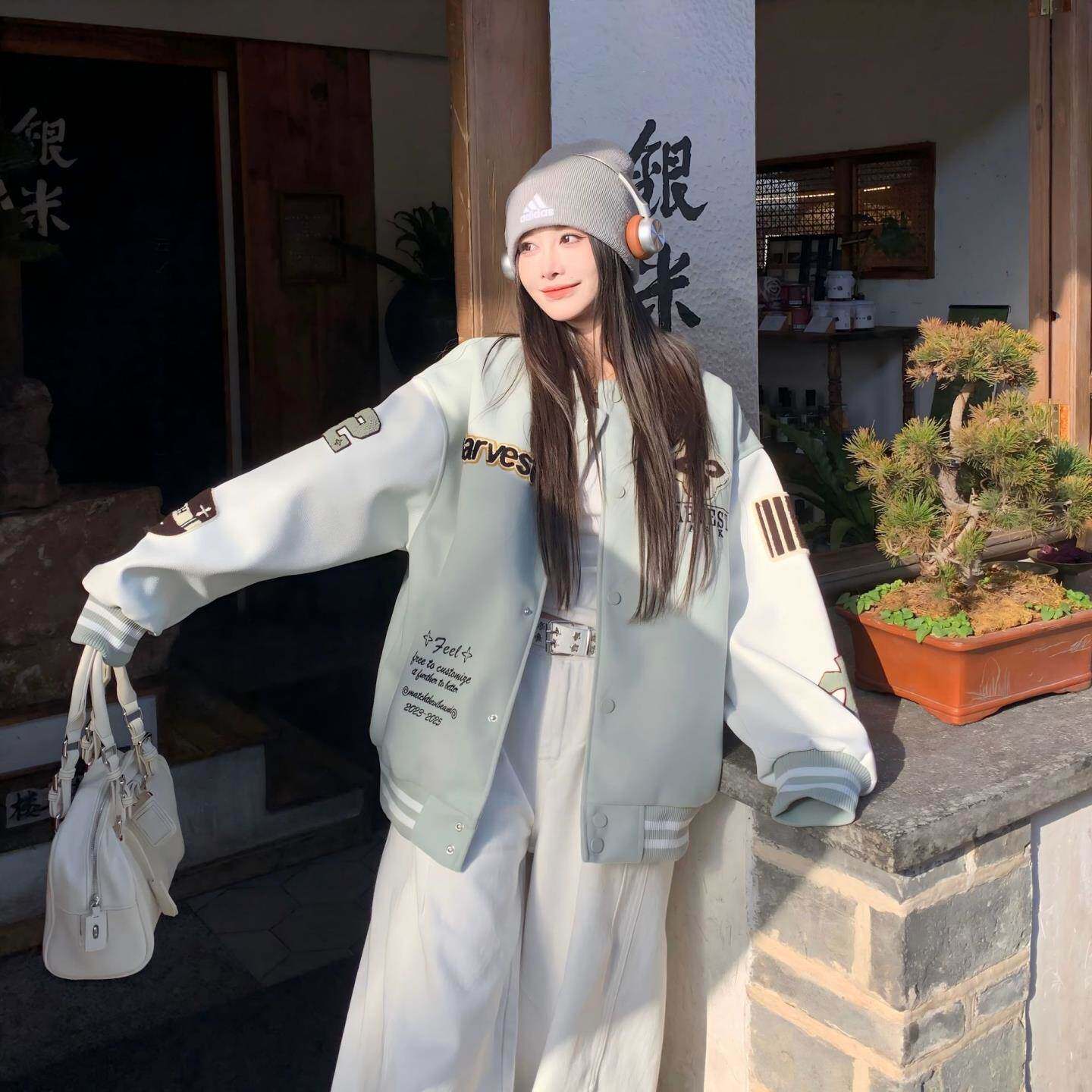 美式高街刺绣棒球服外套女春秋宽松百搭学生复古港风夹克衫女上衣