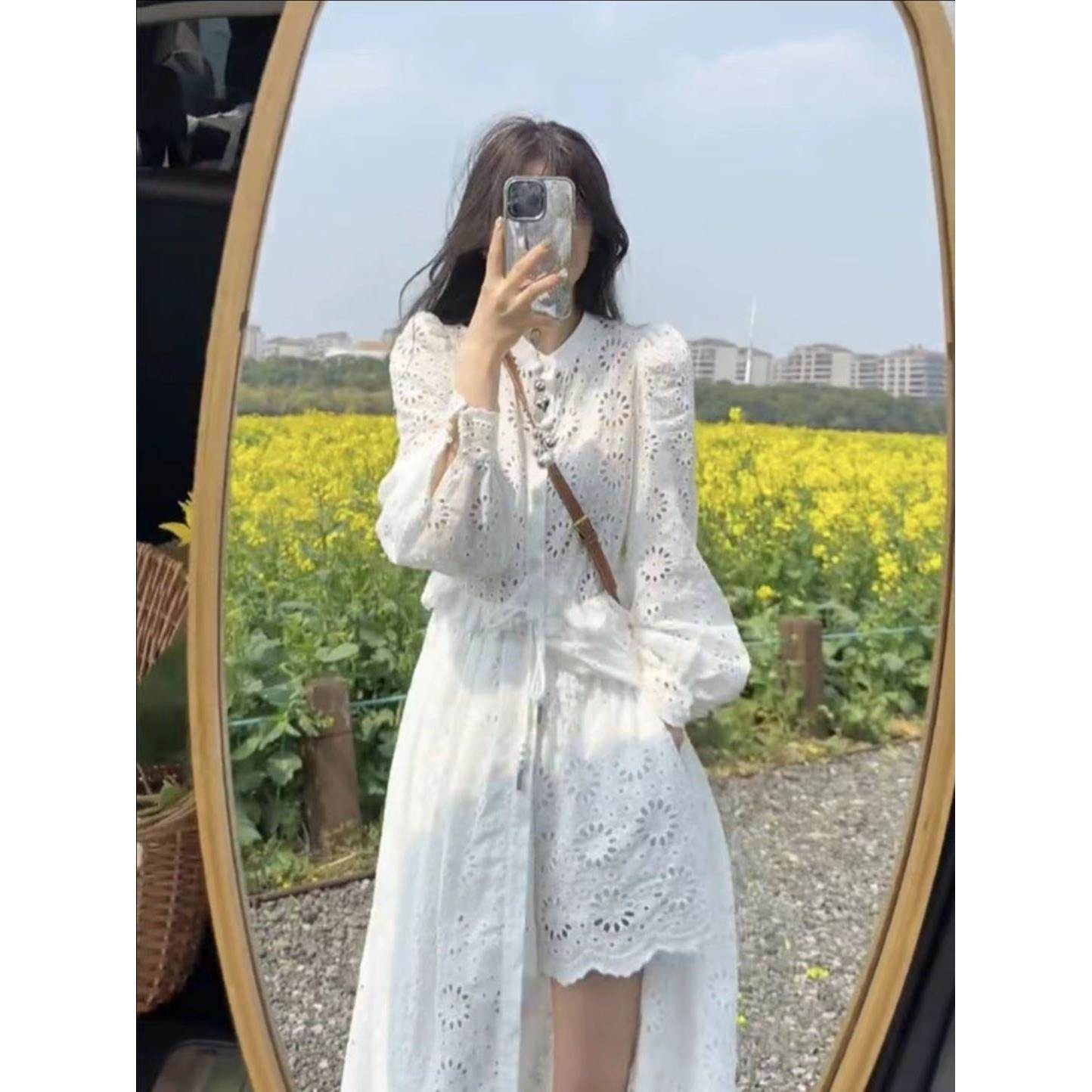 蕾丝连衣裙女中长款镂空套装裙女2026夏季新款时尚长袖短裤两件套