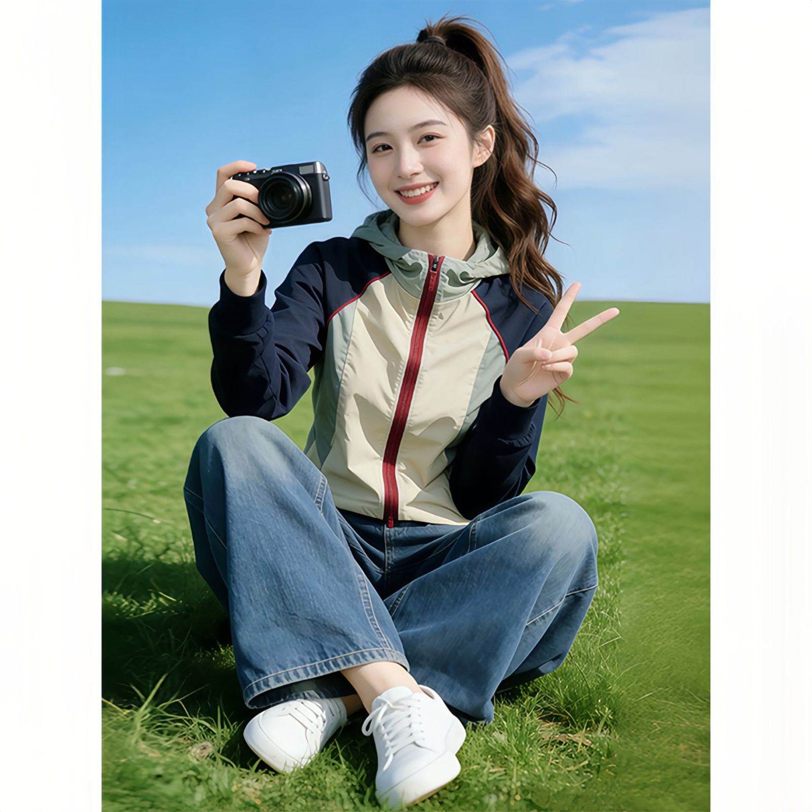 美式复古撞色拼接长袖立领外套女2026夏修身新款轻薄防晒冲锋上衣