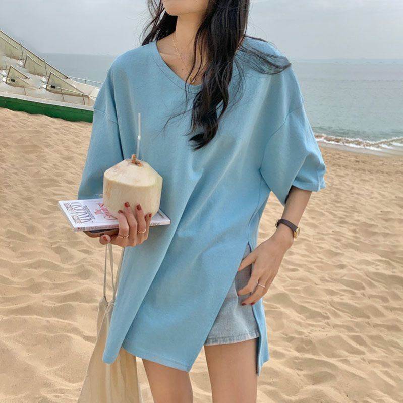 奶油蓝色t恤女2026年新款宽松韩版oversize设计感小众开叉短袖夏T