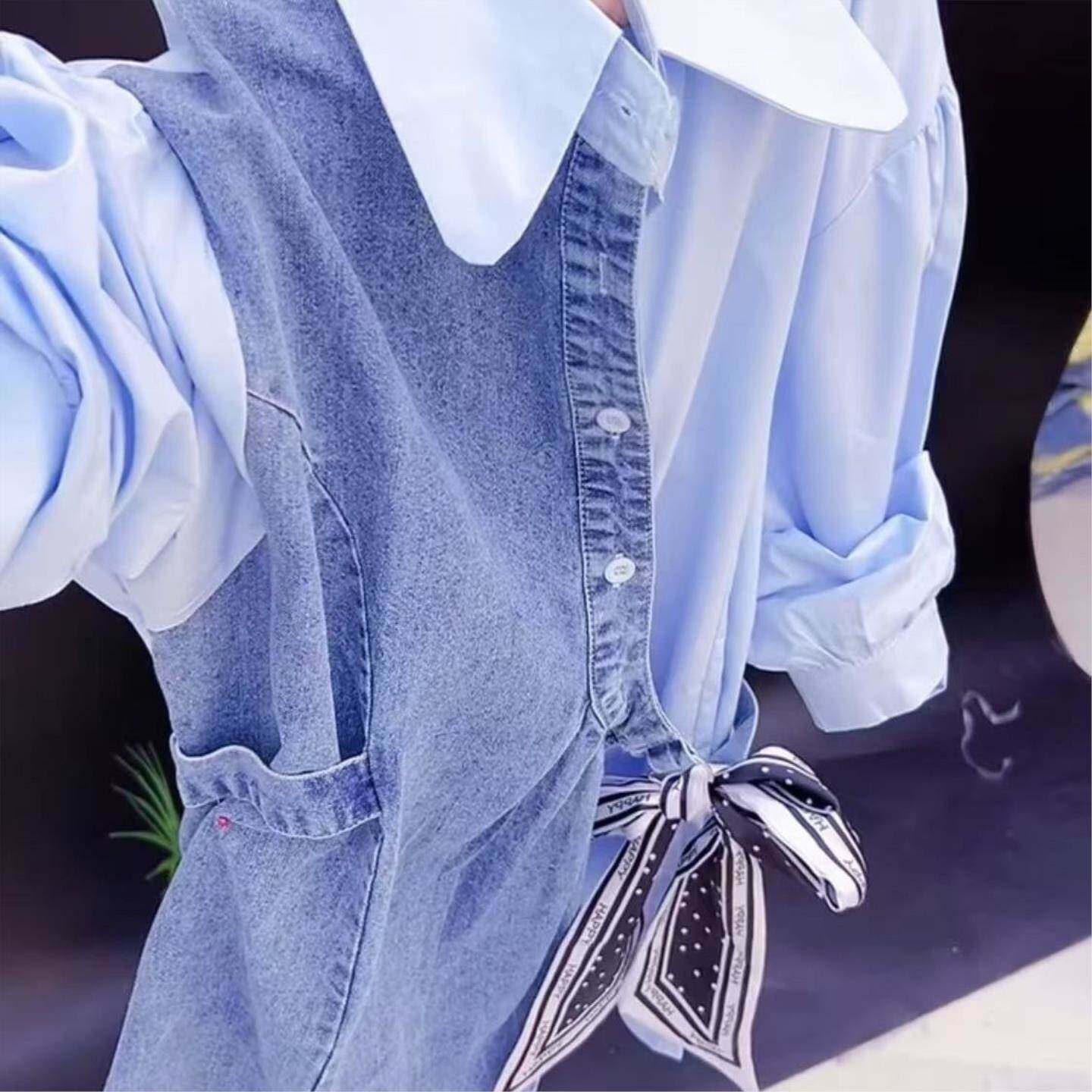 法式设计感牛仔拼接衬衫女长袖通勤小众气质上衣飘带收腰显瘦衬衣