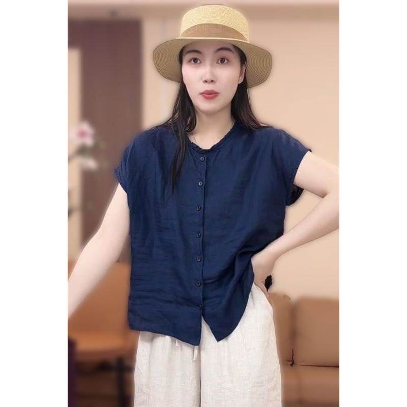 夏季轻薄休闲百搭复古单排多扣衬衫女减龄时尚木耳边拼接短袖上衣