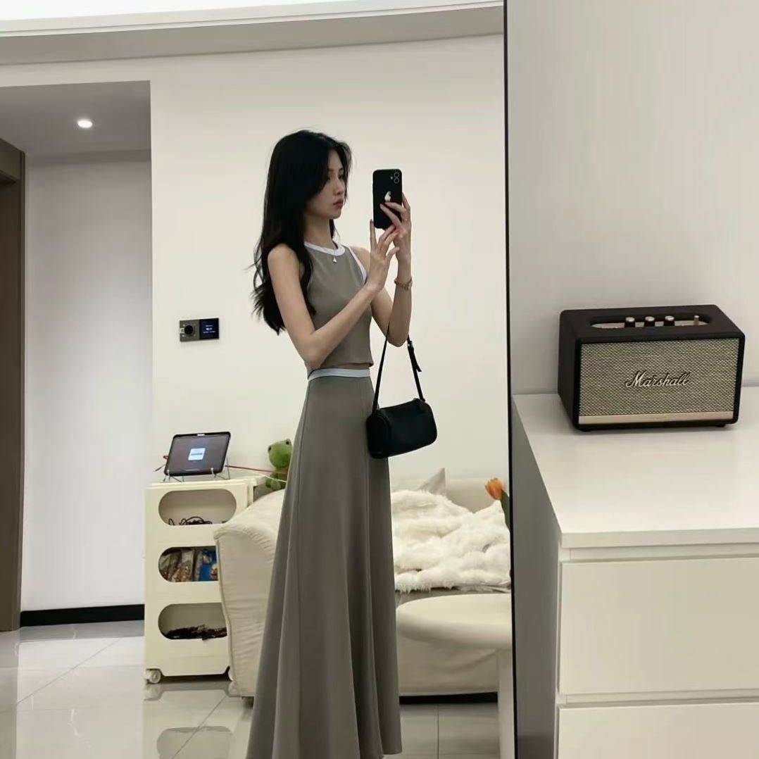 夏季气质显瘦短款时尚无袖套装背心黑色高腰新款半身裙两件套长裙