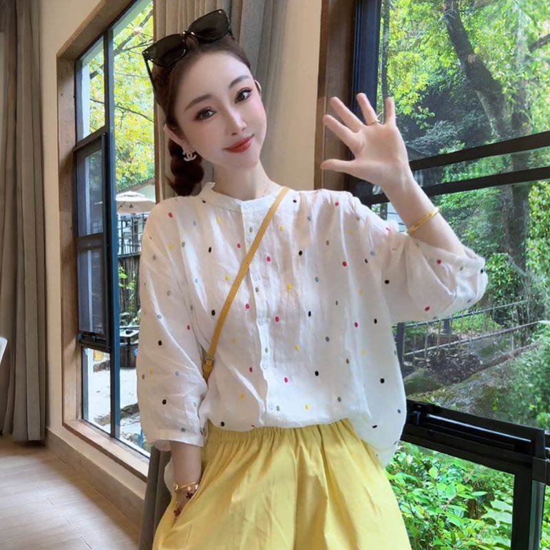 韩版简约文艺彩色波点衬衫女夏季减龄宽松是单排多扣七分袖上衣潮