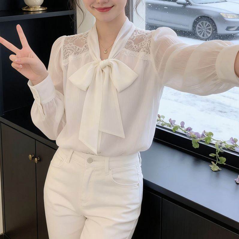 法式白色蝴蝶结系带蕾丝长袖衬衫女2026春季新款独特漂亮气质上衣