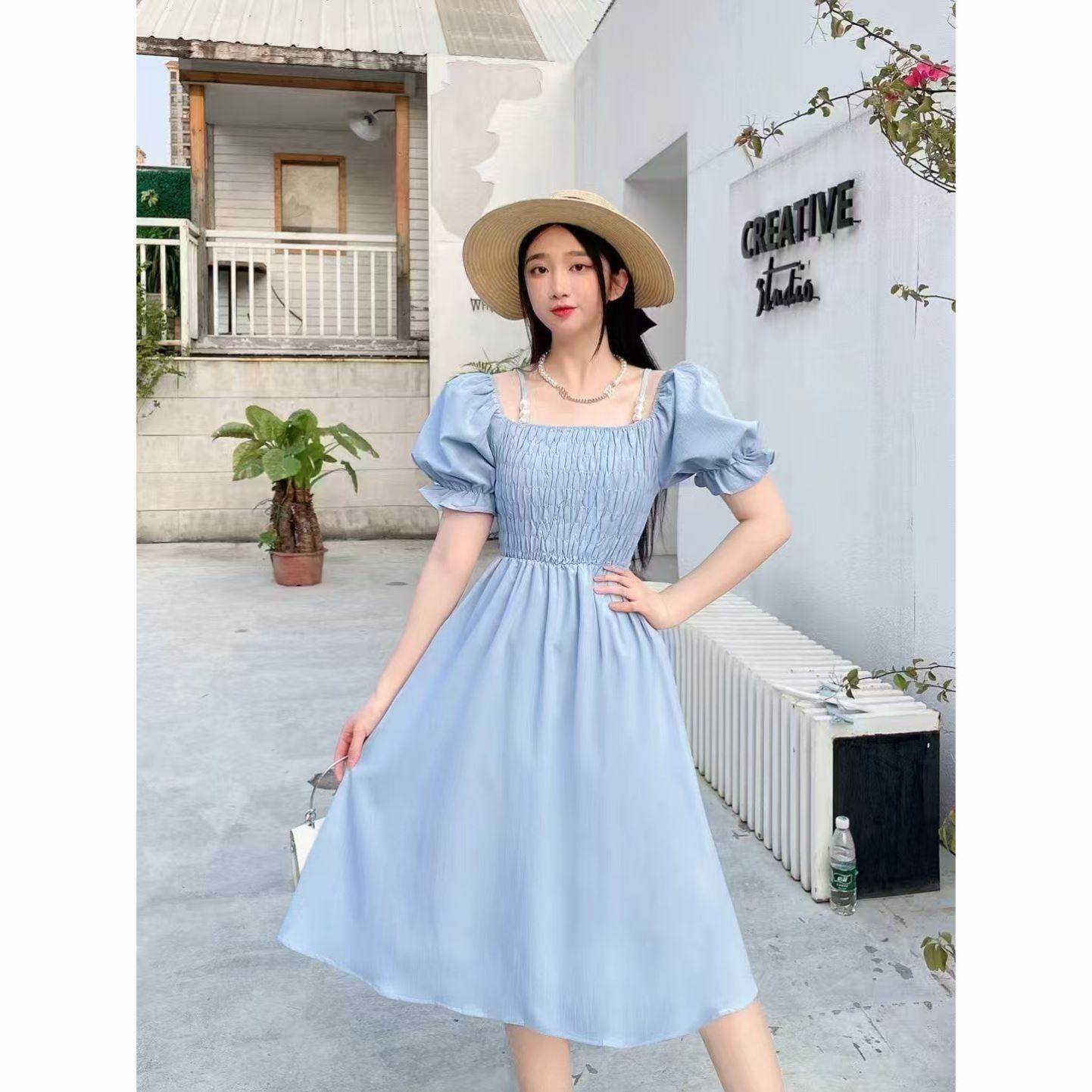 中长款连衣裙女时尚潮流泡泡袖夏季2026新款气质设计感显瘦裙子