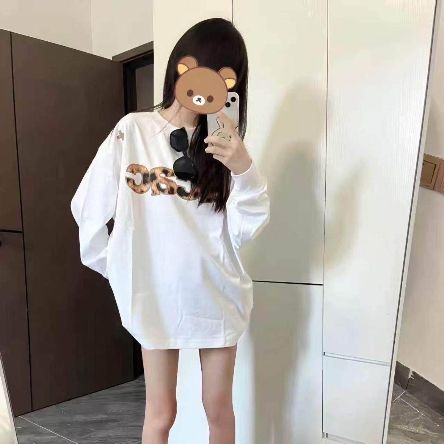 春季美式潮流学院风豹纹字母印花长袖t恤女宽松百搭学生打底上衣