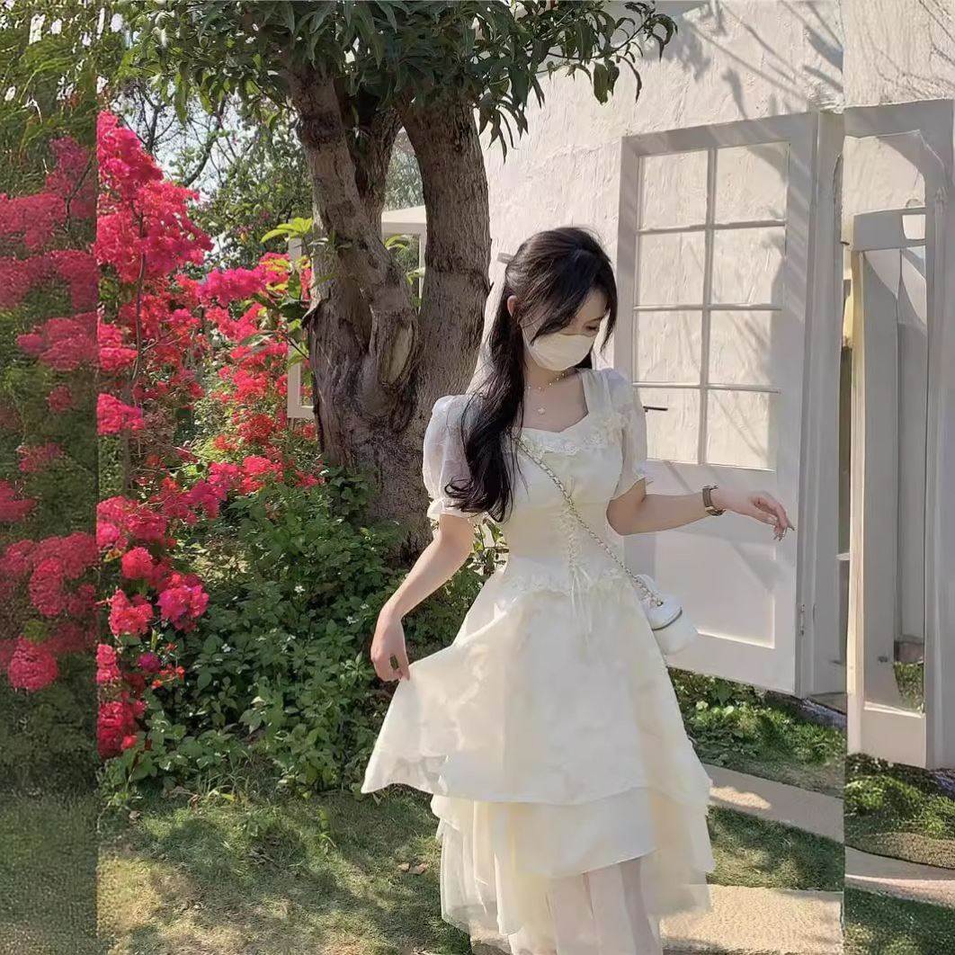 茶歇法式方领雪纺连衣裙女夏季小个子纱裙蛋糕蓬蓬仙女长裙子