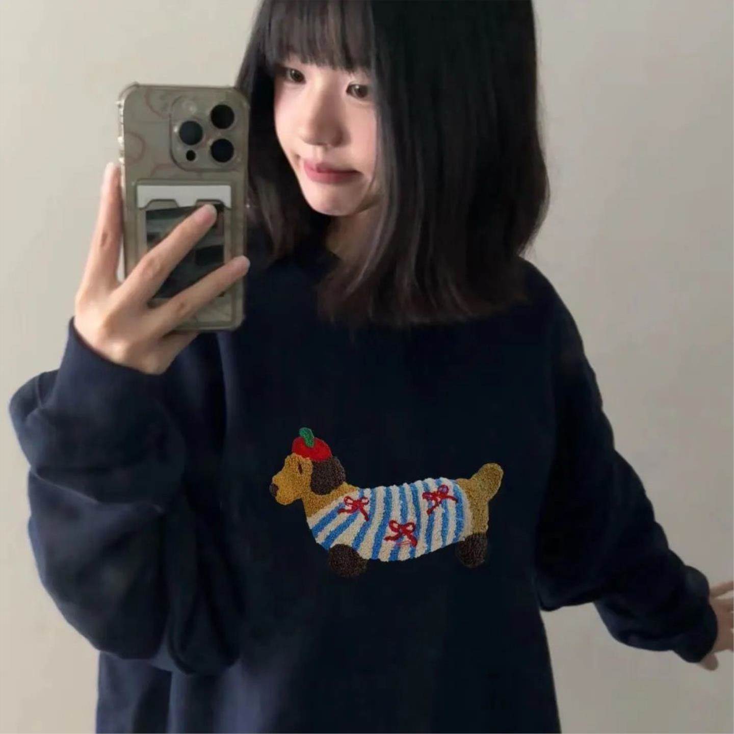 创意腊肠狗毛巾绣贴布长袖T恤女棉春秋重磅上衣背心吊