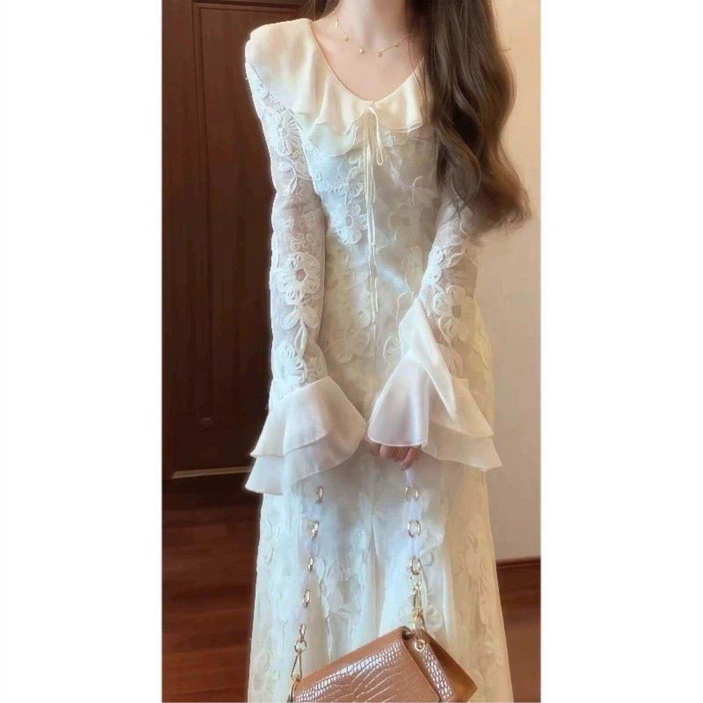 设计感春秋小个子连衣裙年春夏新款入秋法式长裙蕾丝白色裙子女装