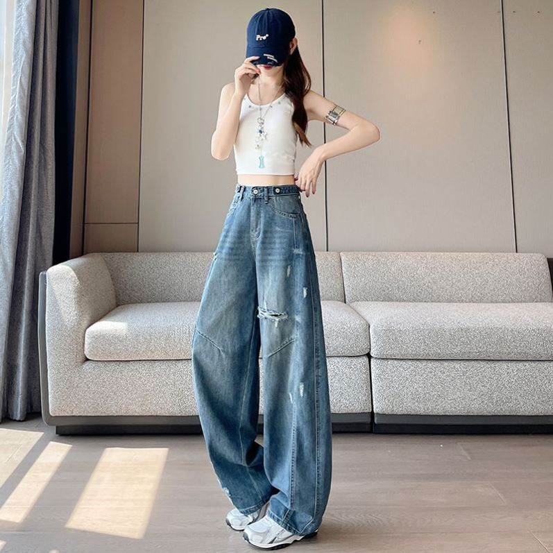 KUHAO高腰破洞阔腿弯刀直筒牛仔裤女显瘦百搭梨型减龄夏季新款