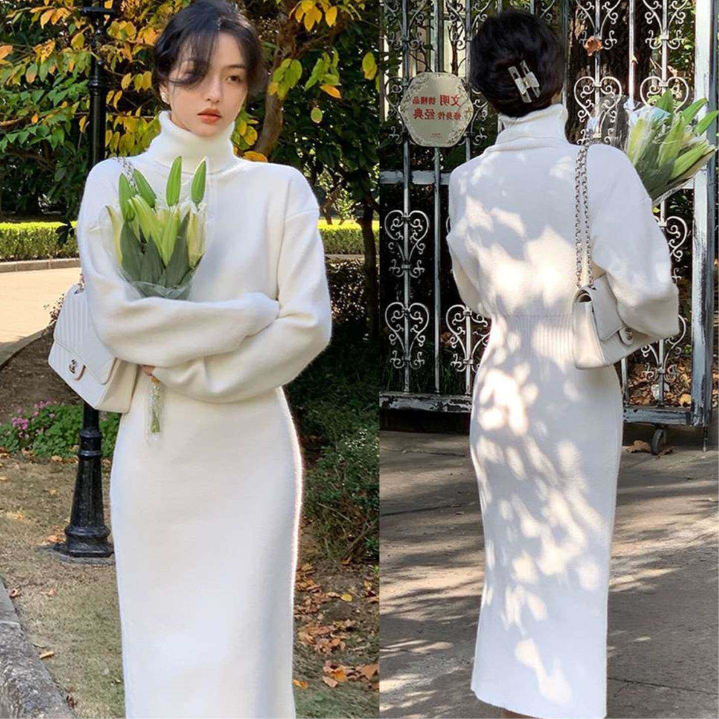 配大衣高领毛衣裙针织裙女春夏长裙修身收腰长款毛衣过膝内搭打底