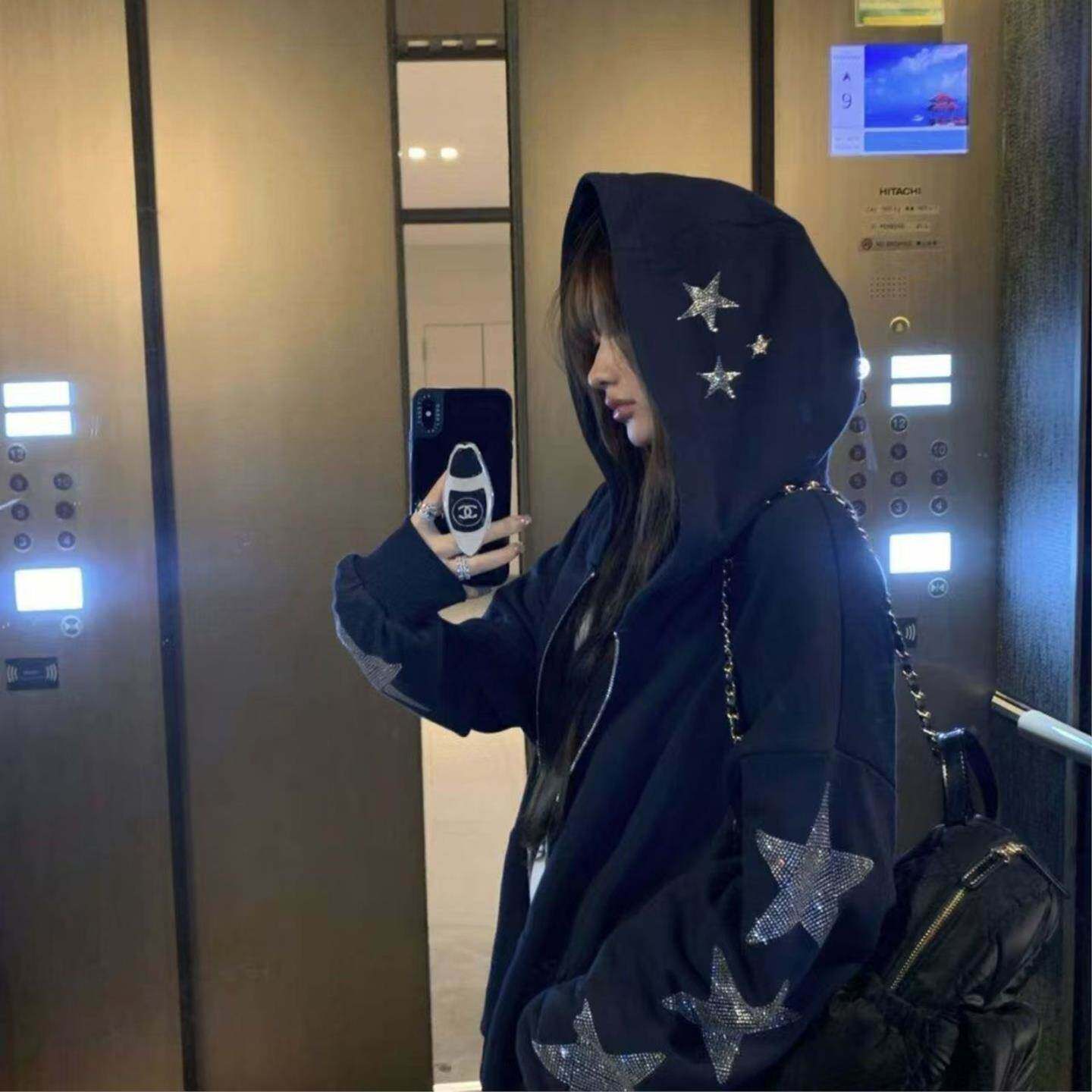 黑色镶钻星星连帽卫衣宽松薄款街头潮牌时尚百搭男女秋冬拉链外套