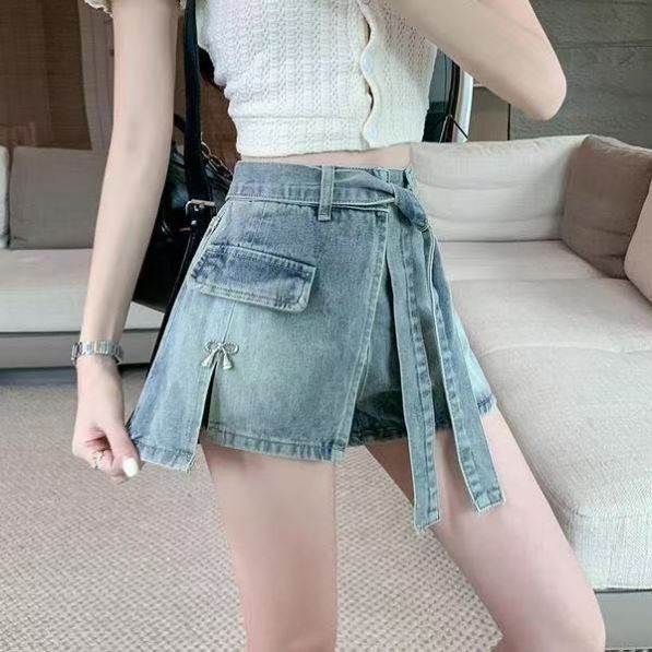 不规则开叉系带牛仔短裤裙女夏季新款高腰显瘦直筒短裙