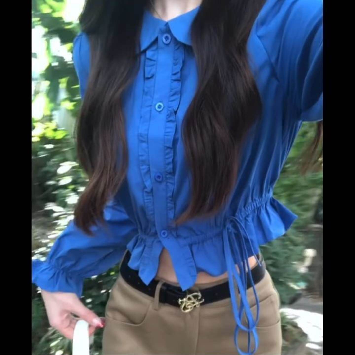 套装娃娃蓝色新款纯欲风短款辣妹双层衬衫上衣高腰夏季显瘦半身裙