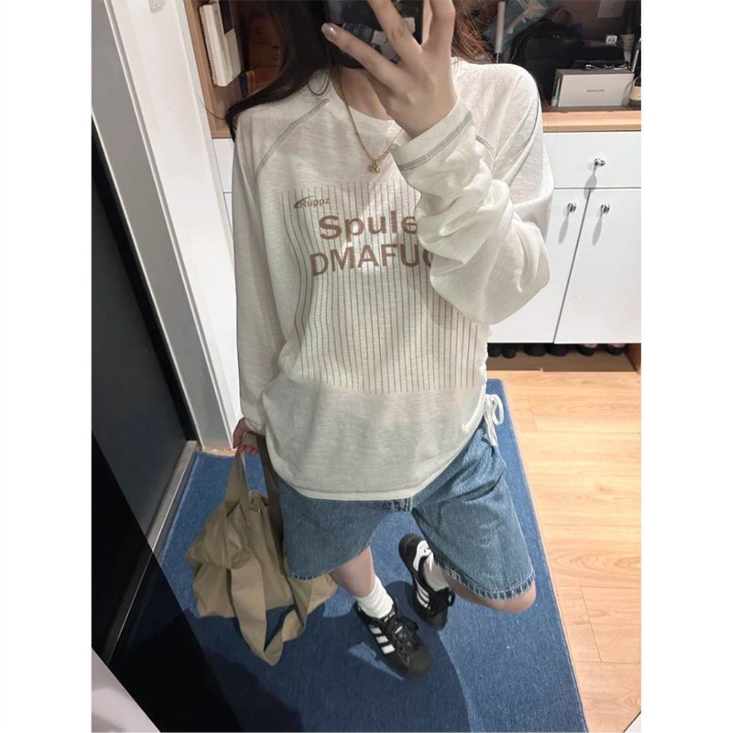 美式慵懒风轻薄透气防晒长袖t恤女秋季新款宽松显瘦百搭罩衫上衣