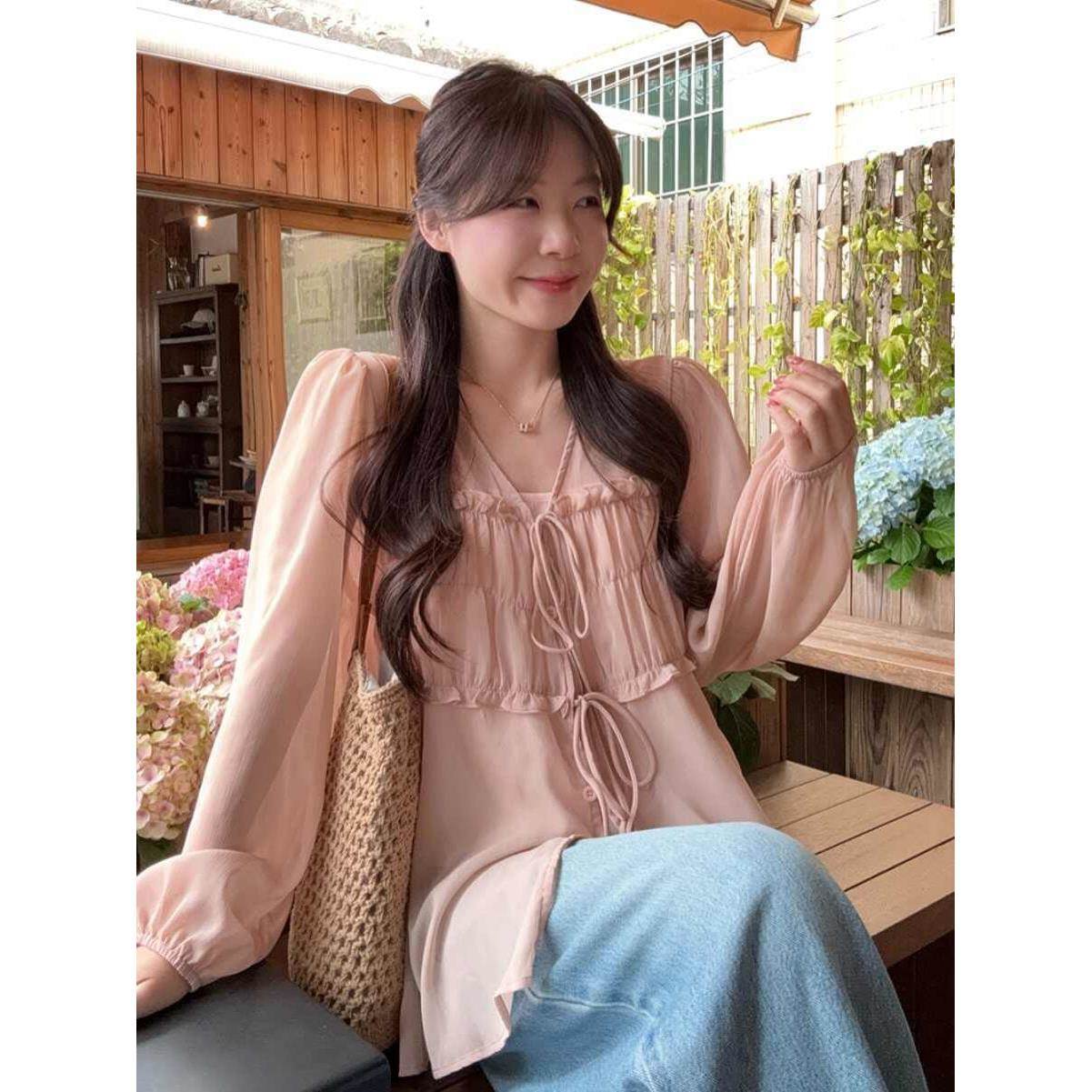 韩系温柔风气质开衫雪纺衫女夏季新款设计感褶皱长袖宽松系带上衣
