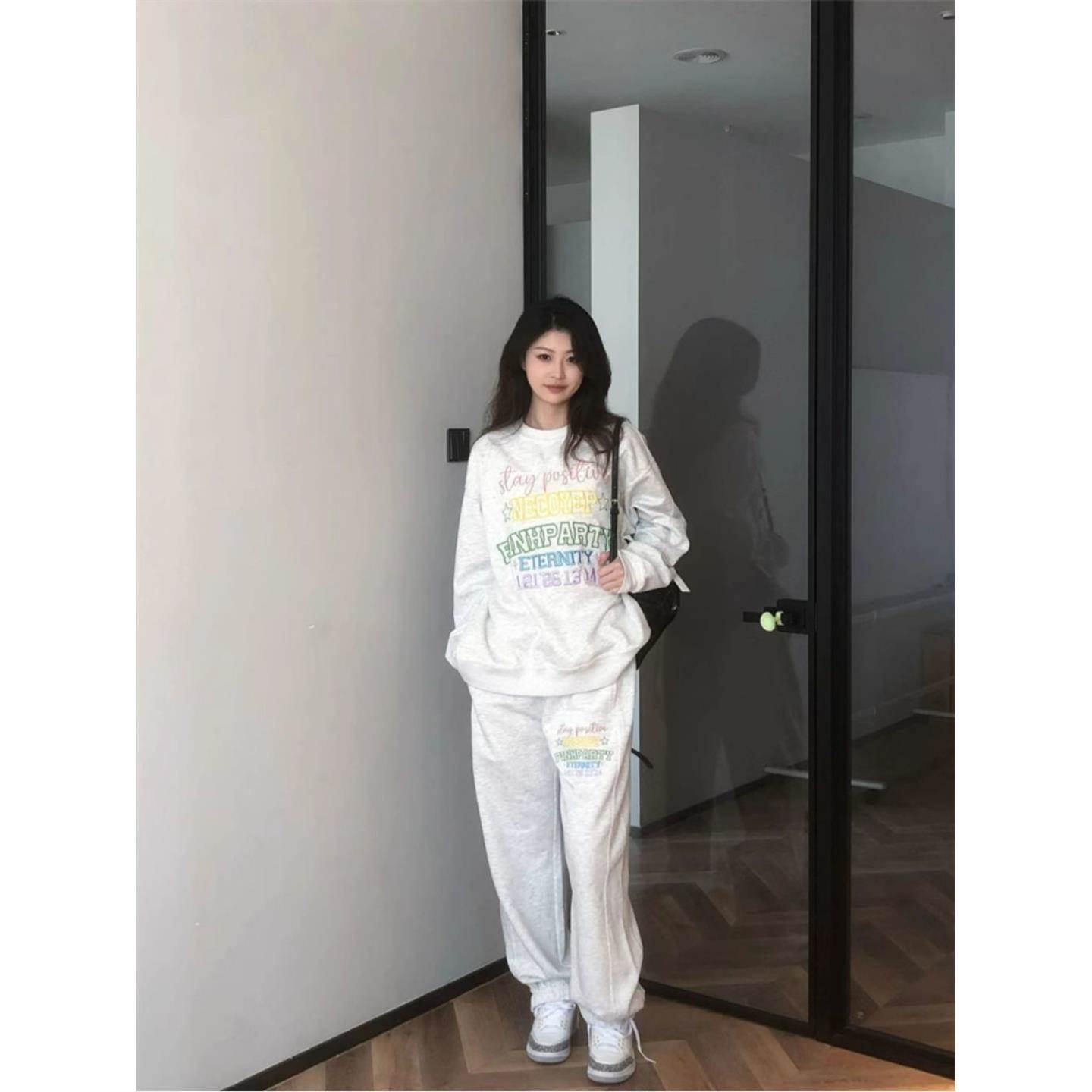 美式复古休闲运动服套装女秋季宽松显瘦纯棉卫衣时尚炸街两件套