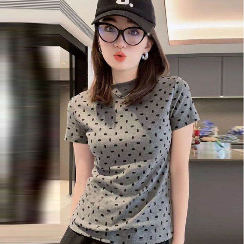 韩版夏季百搭新款洋气圆领修身显瘦减龄感气质灰色波点短袖t恤女