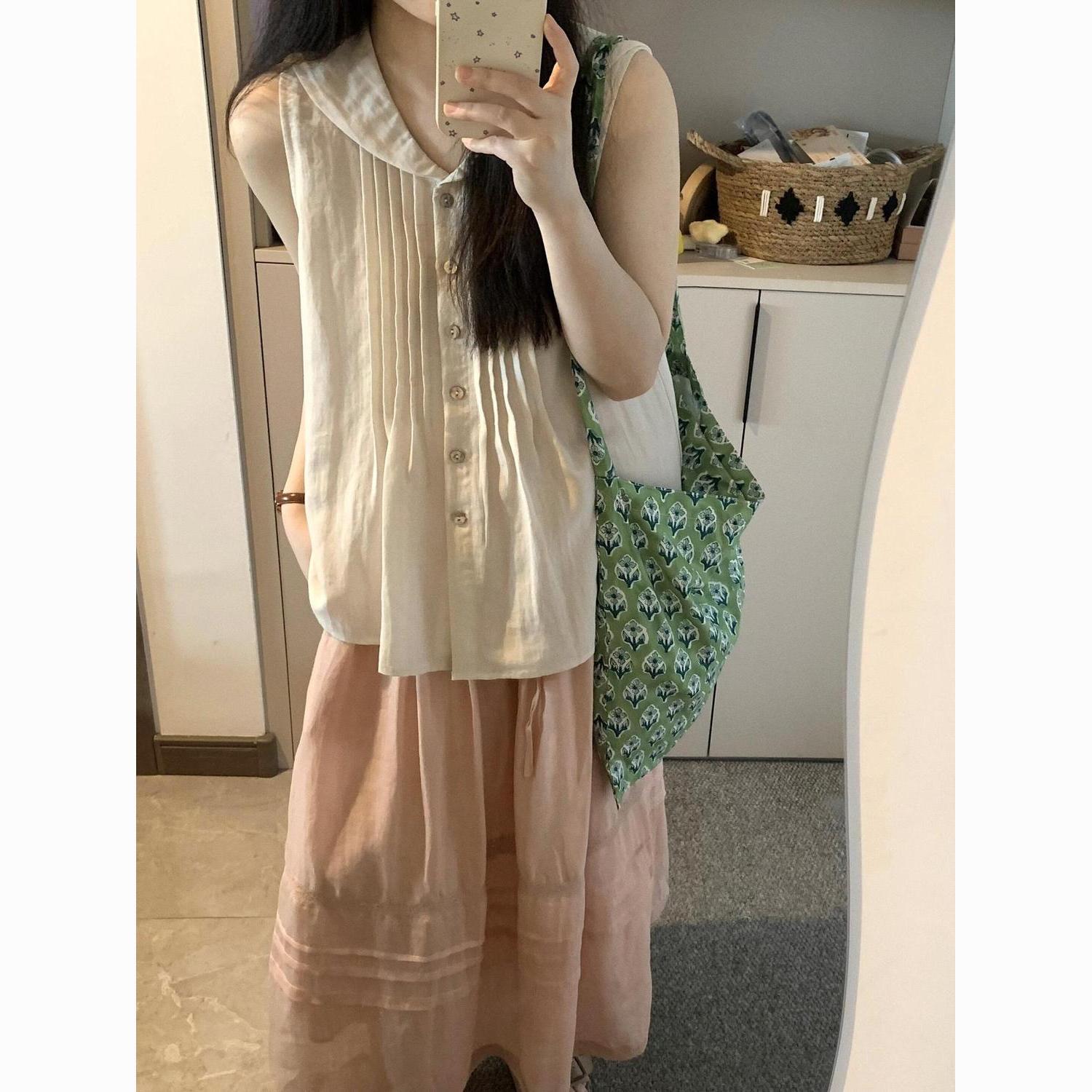 2026夏季新款宽松显瘦温柔系棉麻无袖上衣搭配半身裙套装女