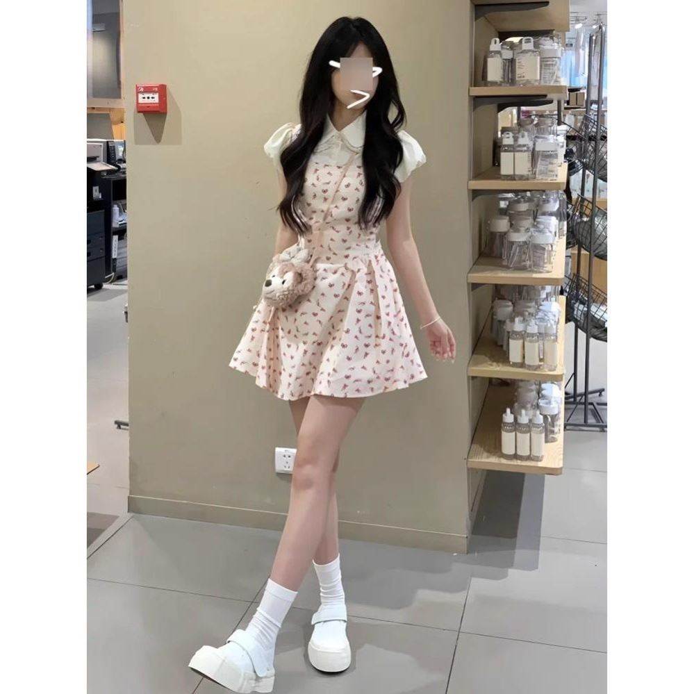 又甜又辣纯欲公主蛋糕短裙洋气夏娃娃领超仙减龄假两件碎花连衣裙