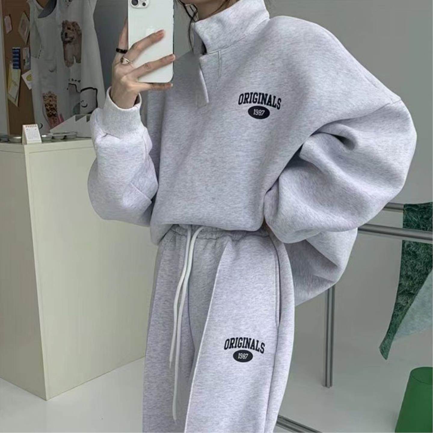 早秋休闲百搭设计感立领卫衣女卫裤子春秋新款跑步服运动两件套装