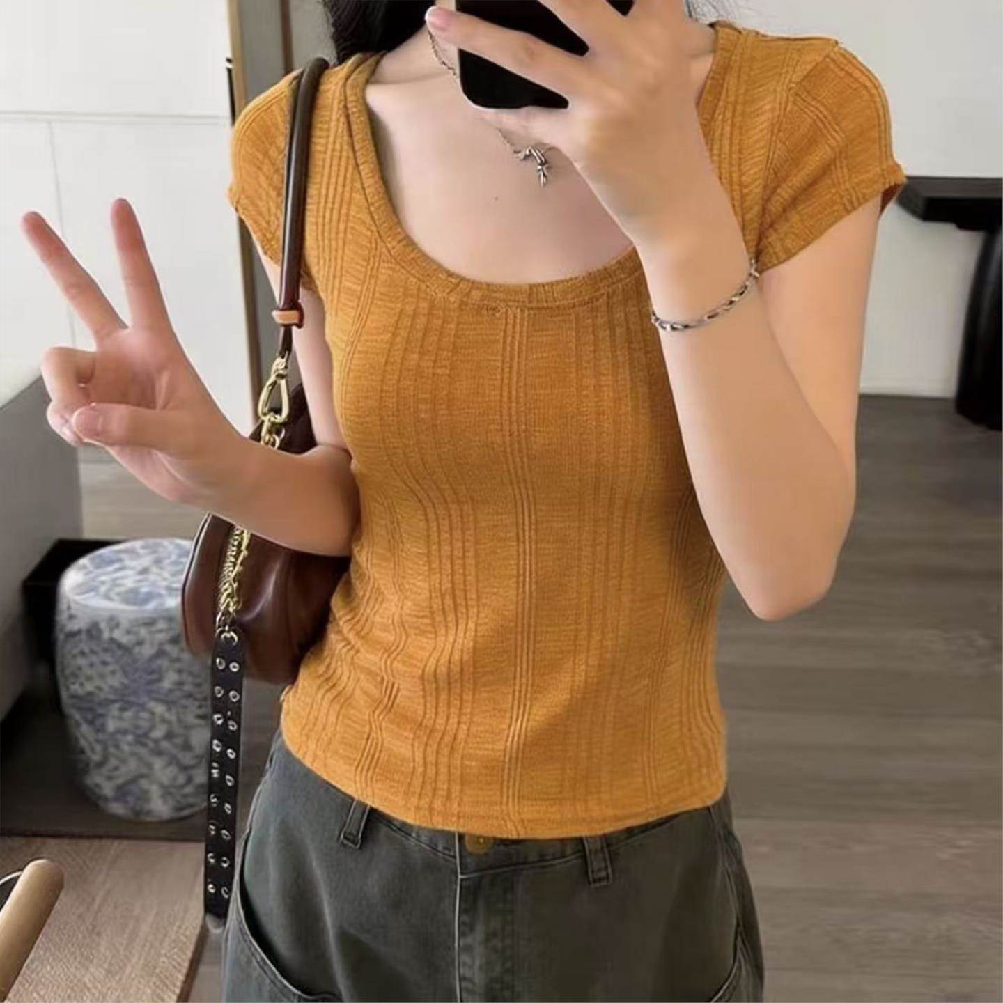 巨显腰细多巴胺大u领坑条针织短袖高弹修身显瘦夏天短款T恤女