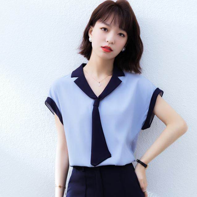 雪纺衫女2026夏季新款法式领拼色洋气飘带套头小衫蝴蝶结上衣女
