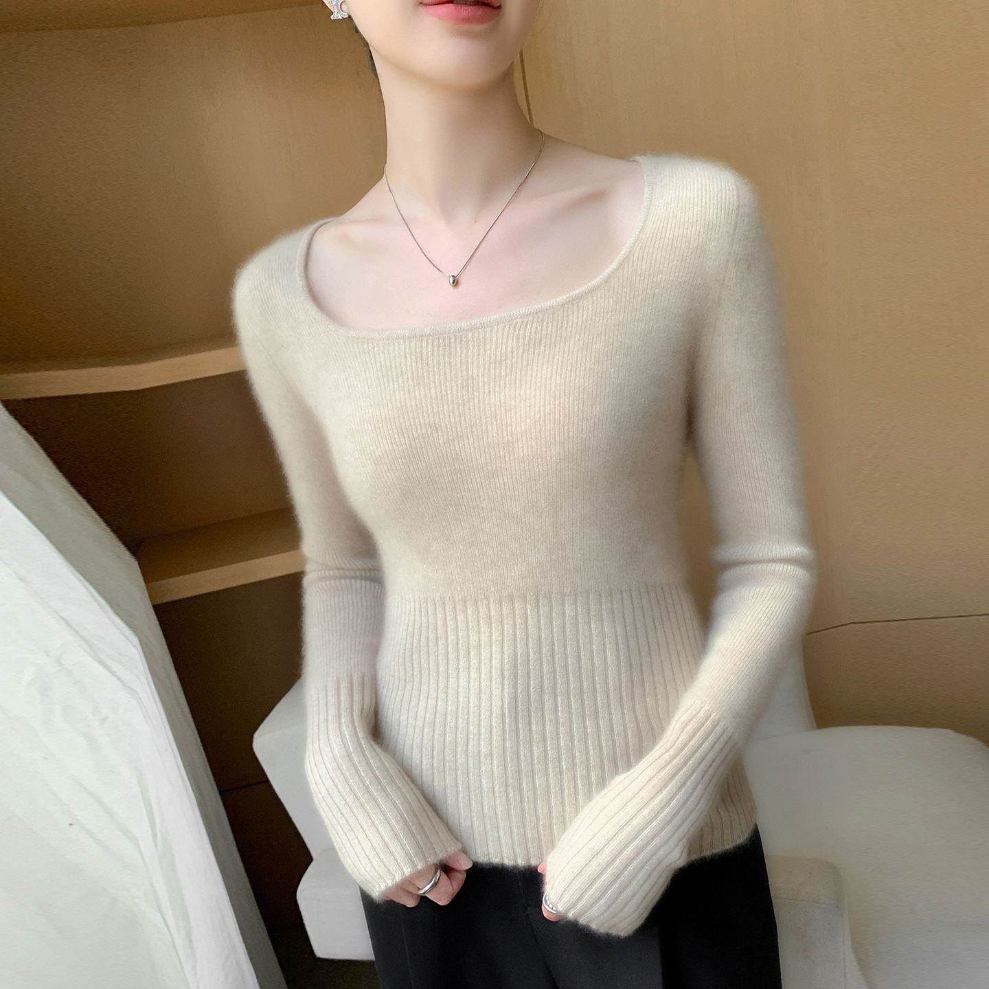 女款紧身长袖内搭大U领针织打底衫毛衣初秋小衫新款