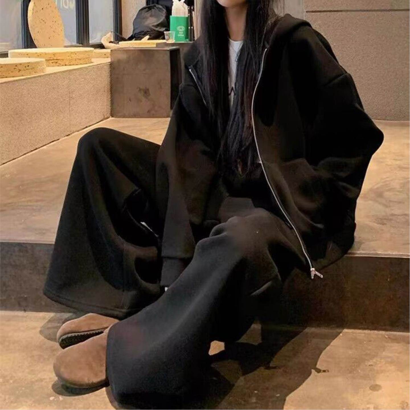 200斤微胖mm休闲卫衣套装女士秋冬季大码宽松显瘦遮肉长袖运动服