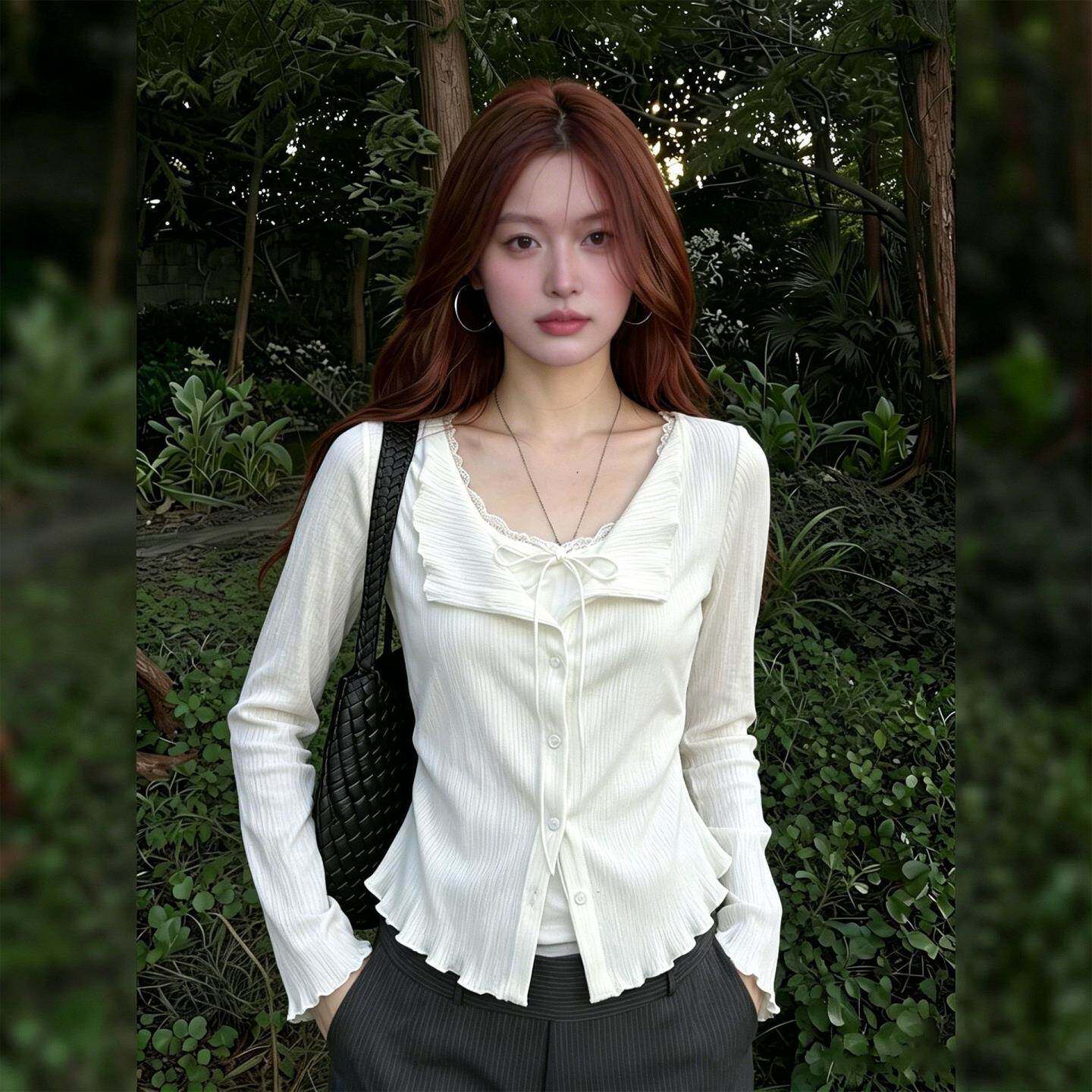 假两件木耳边不规则长袖衬衫女2026春秋季褶皱掐腰内搭打底衫上衣